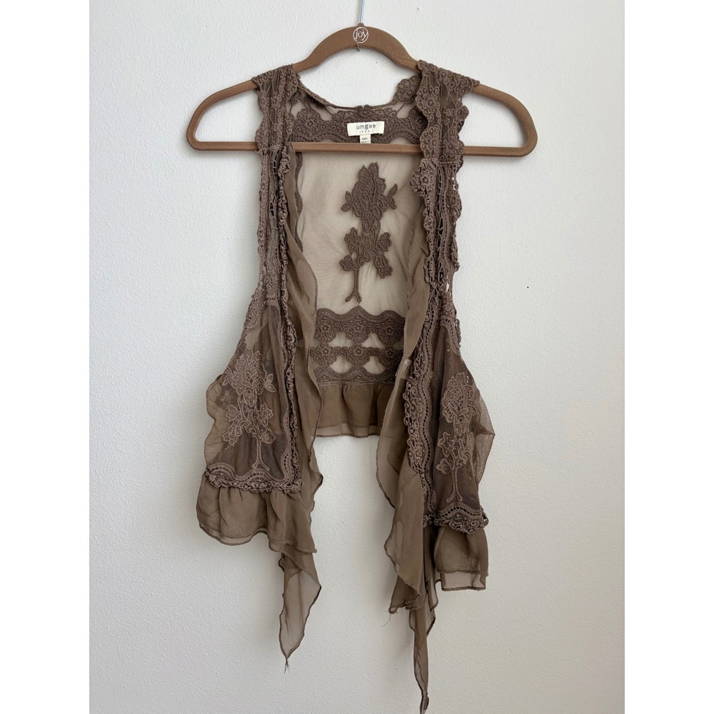 Umgee USA Brown Sheer Mesh Lace Crochet Ruffle Open Front Vest Boho UM3096 ML